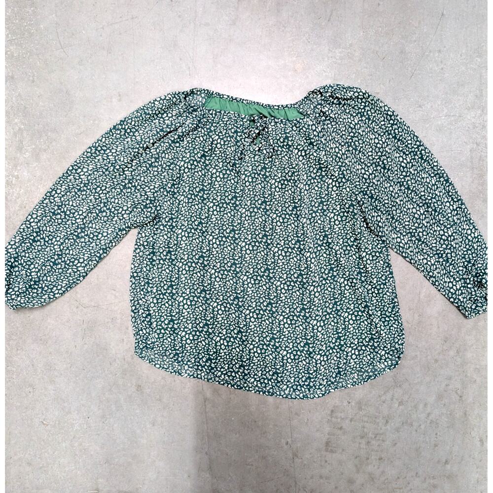 Unbranded Women Green Animal Print Pleated Neck Long Sleeve Blouse Bohemian